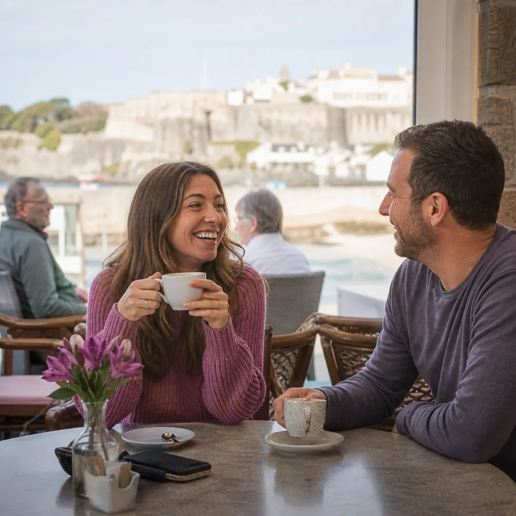 Friends meeting at an evening venue overlooking Guernsey's waterfront
