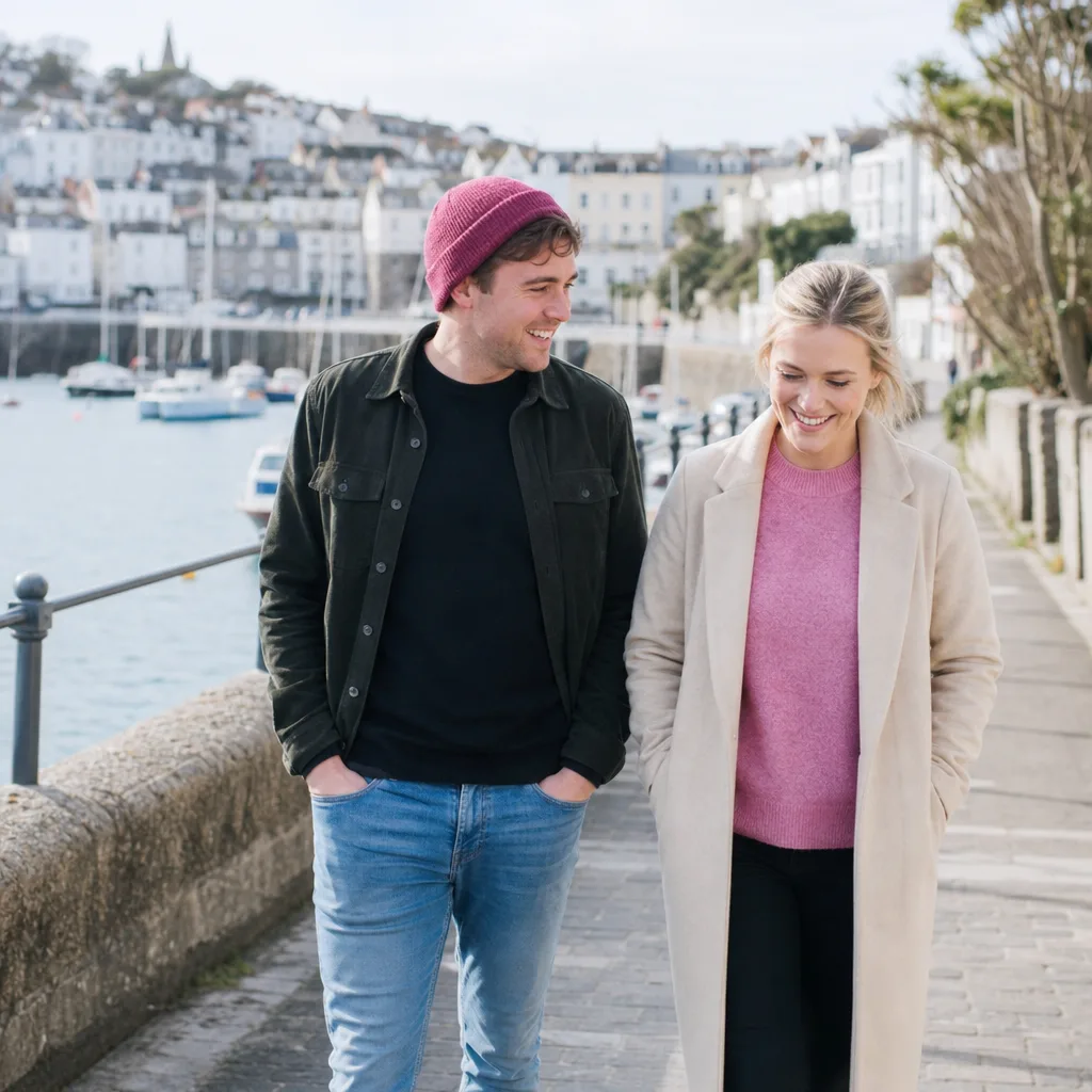 Two adults walking on a coastal path overlooking the sea in Guernsey