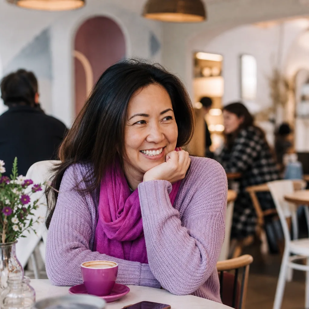 Woman creating an honest dating profile at home in Guernsey